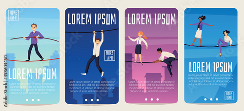 Man, woman walking on tightrope, rope, set vertical home page, vector flat illustrations.