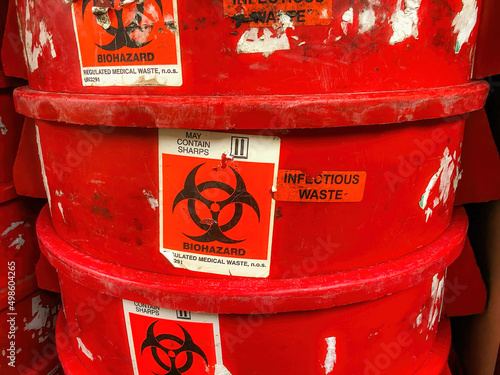 Closeup shot of an infectious waste red barrel photo