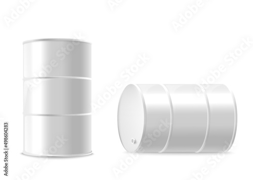 Metal barrel set in various positions, realistic vector illustration isolated.