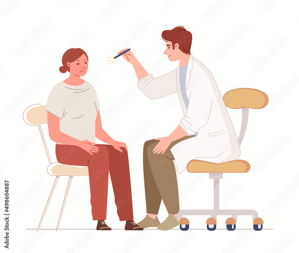 Diagnosis and treatment of neurological diseases. Character of neurologist checks eye reflexes of female patient. Visit to doctor. Flat cartoon. Vector.
Diagnosis and treatment of neurological diseases. Character of neurologist checks eye reflexes of female patient. Visit to doctor. Flat cartoon. Vector.