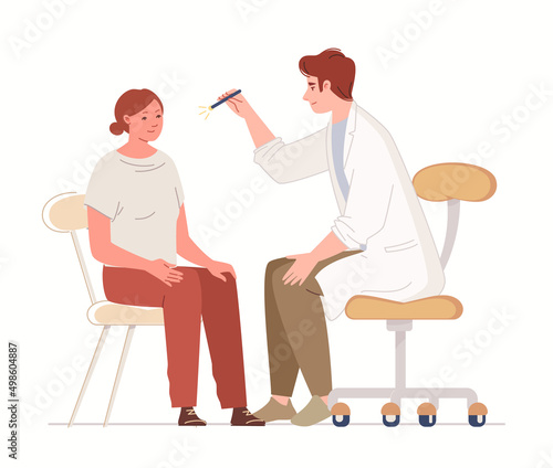 Diagnosis and treatment of neurological diseases. Character of neurologist checks eye reflexes of female patient. Visit to doctor. Flat cartoon. Vector.
