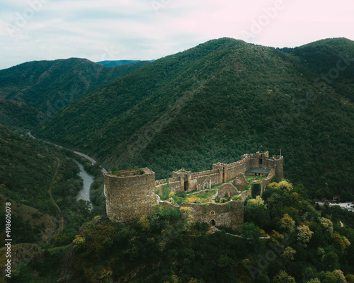 Aerial view of Maglic Castle and green mountains in Serbia photo