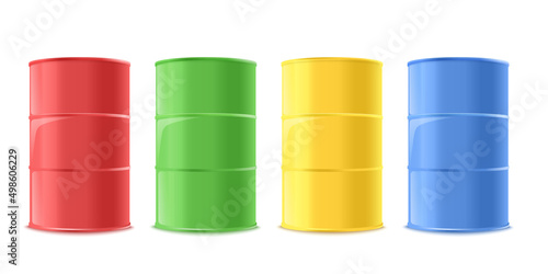 Color steel barrels templates set realistic 3D vector illustration isolated.