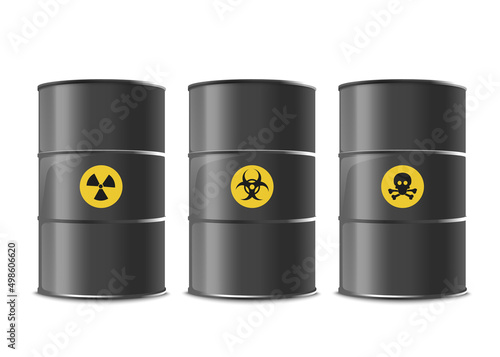 Barrels for toxic and radioactive waste, realistic vector illustration isolated.