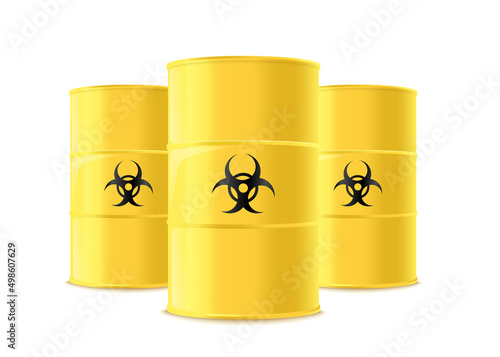 Three realistic yellow metal barrels with black biological hazard sign