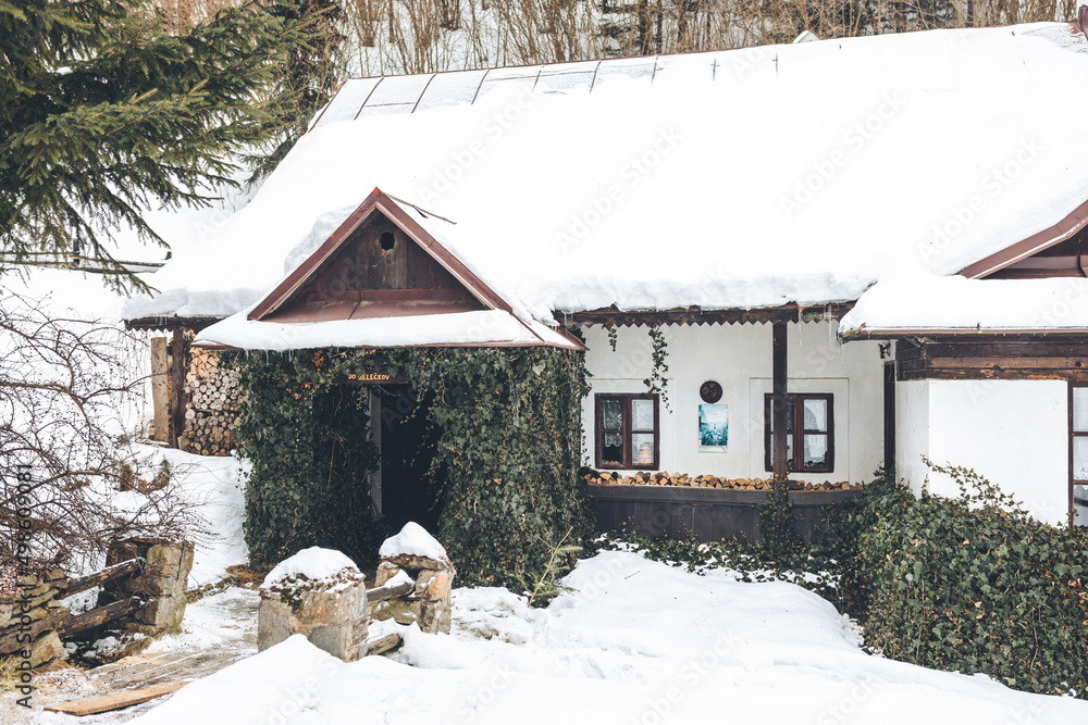Wooden textured house in Spania Dolina, Slovakia in winter - obrazy, fototapety, plakaty 