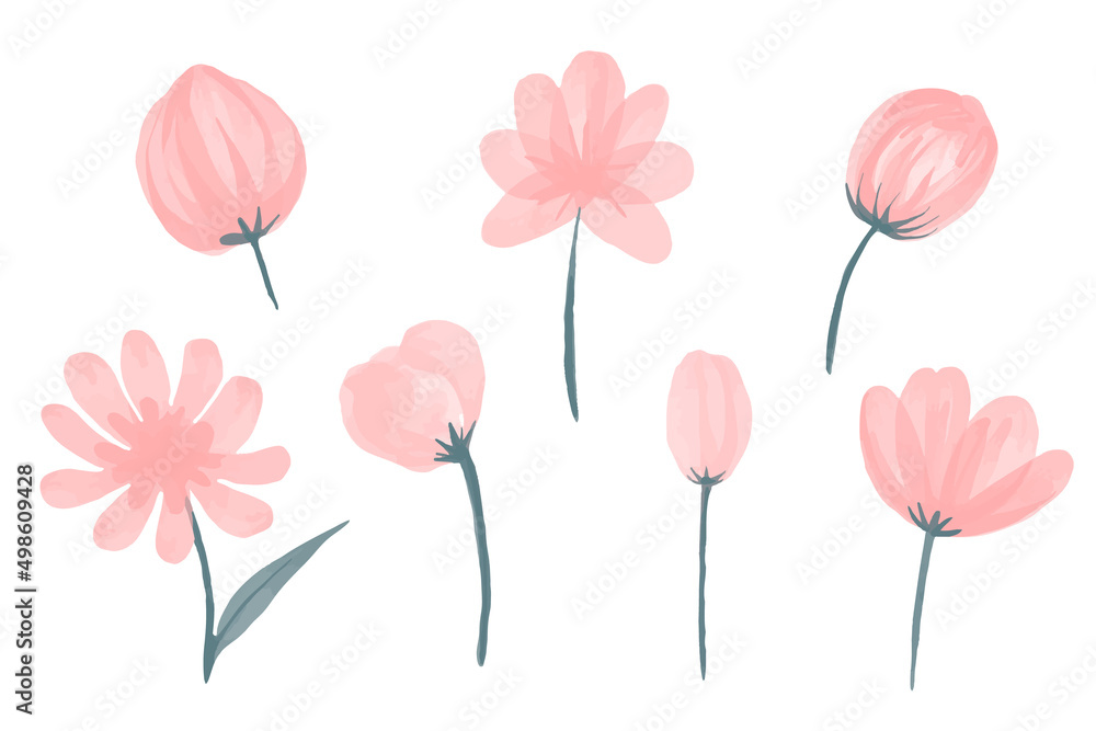 Vector Collection of pink watercolor hand drawn wild flowers.