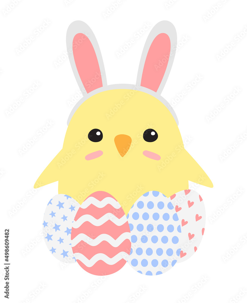 Vector hand drawn flat Easter chick with eggs isolated on white background Vector hand drawn flat Easter chick with eggs isolated on white background