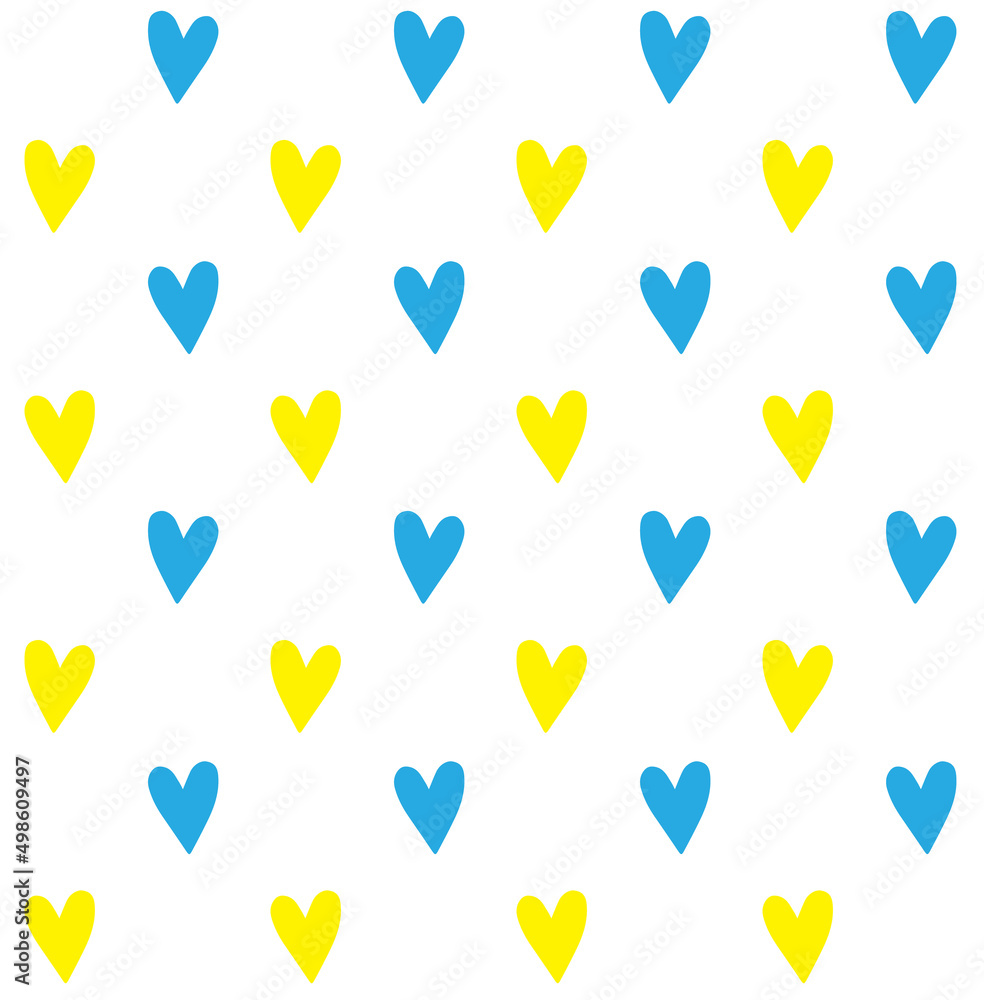 Vector seamless pattern of hand drawn sketch doodle ukraine flag hearts isolated on white background