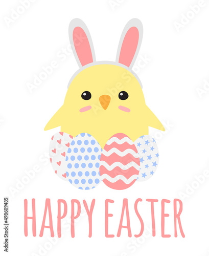 Vector hand drawn flat Easter chick with eggs and happy Easter text isolated on white background