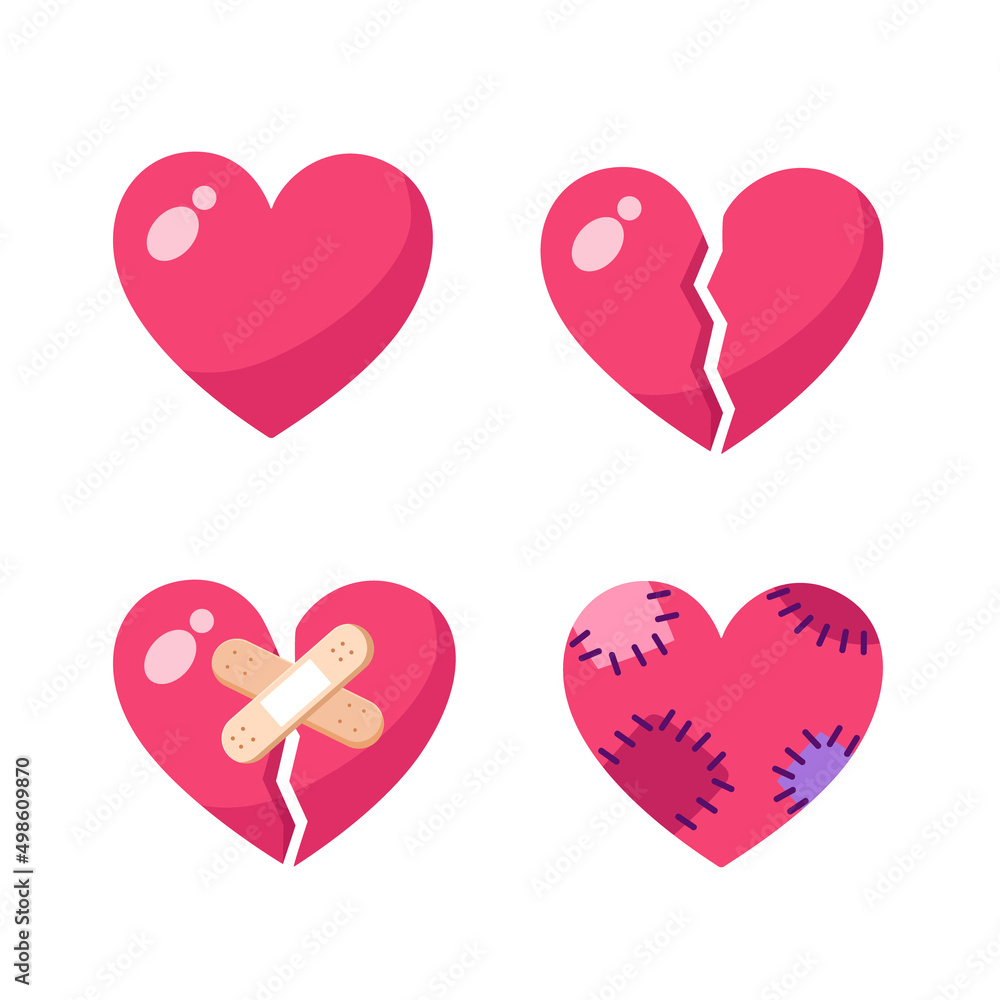 Set of broken hearts isolated on white background