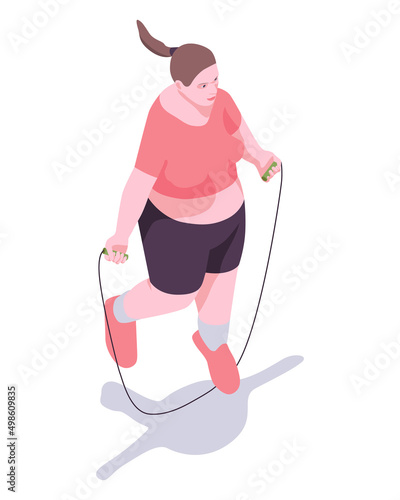 Woman with jump rope in her hands. A fat woman is jumping rope to lose weight.