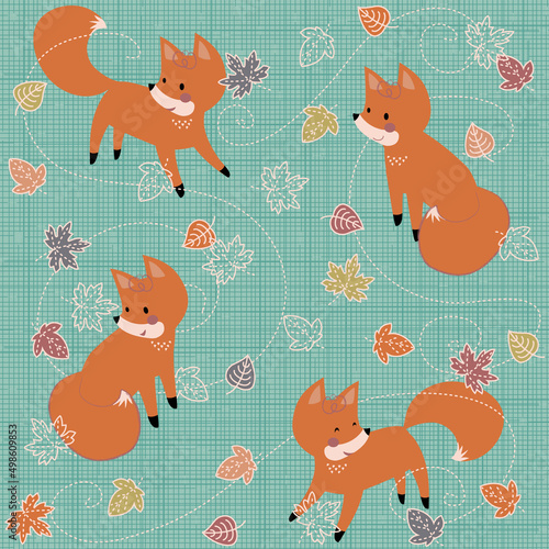 Cute frolicking foxes playing in an autumn themed seamless pattern. This vector pattern repeats seamlessly and would be great for surface designs or backgrounds.