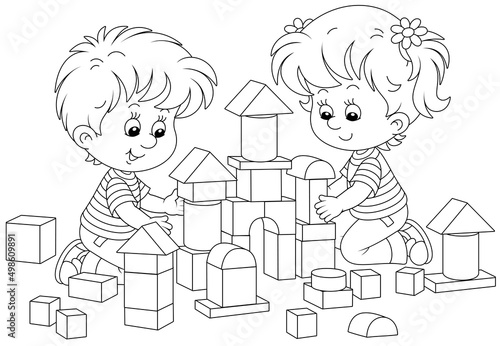 Happy little children playing with bricks and building a toy castle in a playroom, black and white outline vector cartoon illustration for a coloring book page