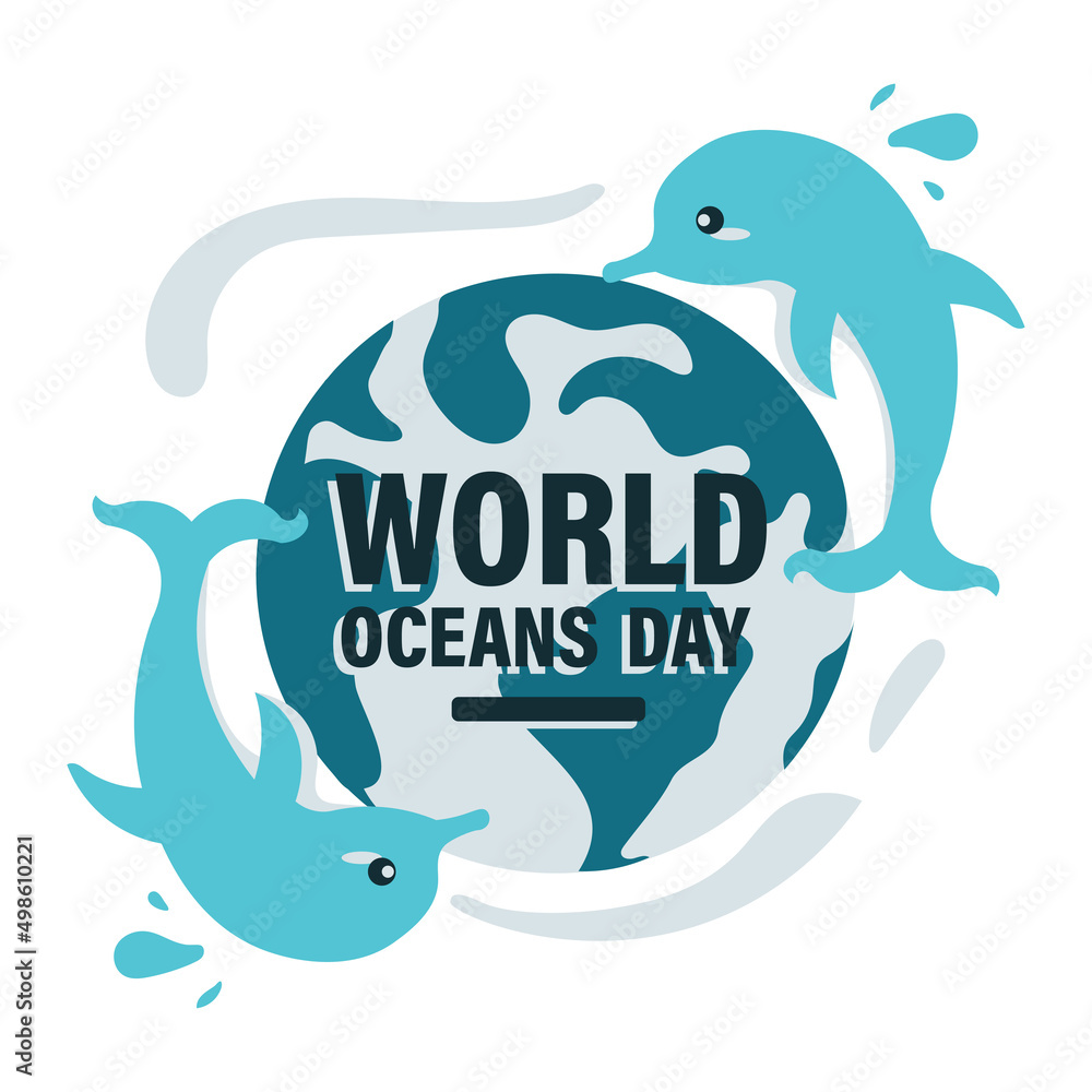 Fototapeta premium World Oceans Day underwater save marine life earth blue dolphin poster vector design picture image