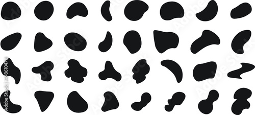 Black abstract shapes, organic blobs and blotch of irregular shape. simple liquid splodge elements. Random shapes set. Organic abstract black blobs of irregular shape.