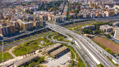 Aerial view of the exit of the Rome ring road at Via Nomentana, Italy. © Stefano Tammaro