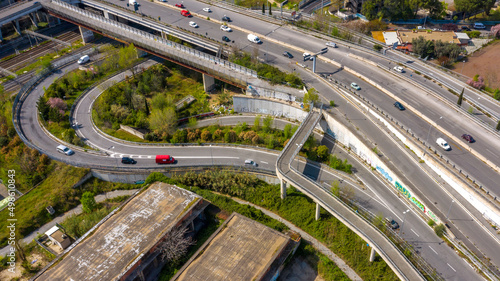 Aerial view of the exit of the Rome ring road at Via Nomentana, Italy.