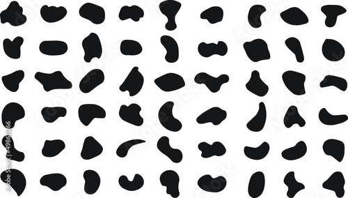 Blob shape. Abstract irregular shapes. Random organic shapes. Amorphous pebble, drop and splodge. Black simple asymmetric stain. Smooth uneven stone. Random blotches and abstract liquid shapes. 