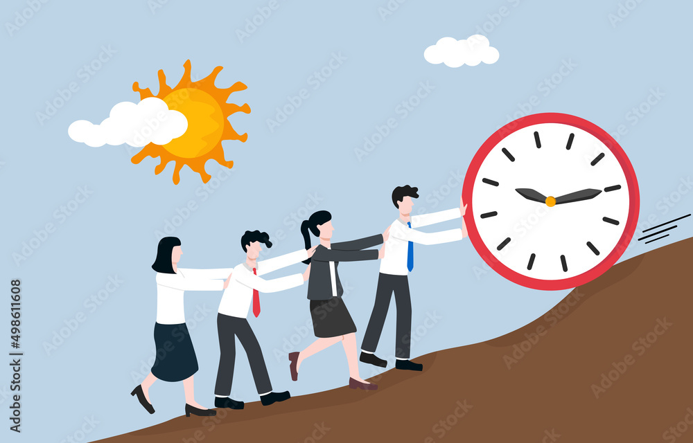 Teamwork to finish project before deadline, time management in business team, collaboration to work against time countdown concept. Business people helping each other to push rolling down timer clock.