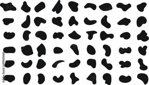 Modern liquid irregular blob shape abstract elements graphic flat style design. Black abstract shapes, organic blobs and blotch of irregular shape. Inkblot silhouettes, simple liquid splodge elements.