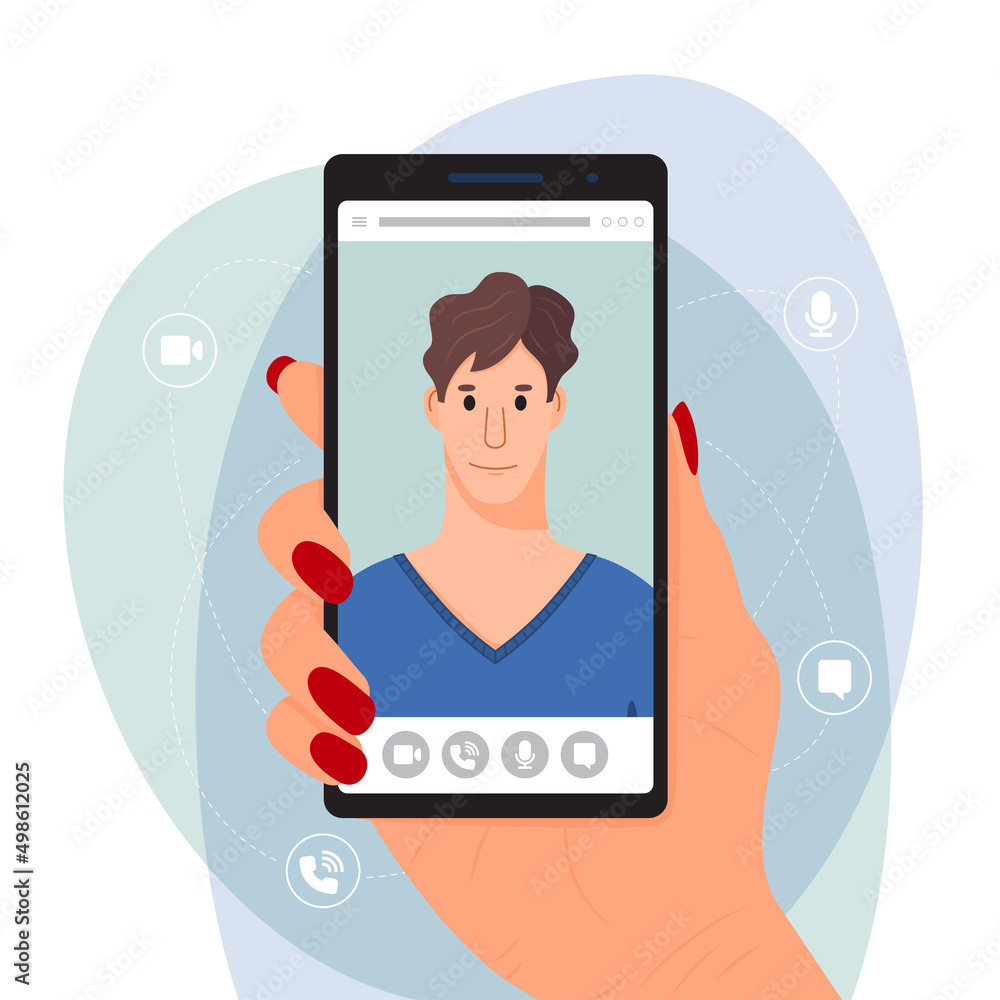 Video call concept. Online video conference, online meeting concept, banner. A woman's hand is holding a phone with a man on the screen. Vector illustration in flat style.
