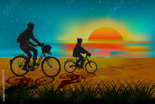 Biker family bicycle trip on sundown.Silhouette father and kid riding bicycle on beach under sunset sky.Evening seaside landscape and cyclists at seashore.Concept friendly family and father day.Vector