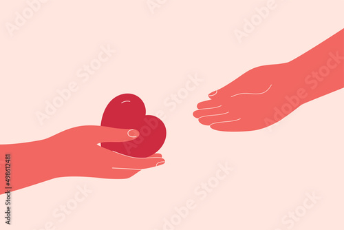 Heart is passing from hand to hand. Volunteer or friend shares empathy and support for needy person. Concept of social aid, psychological help, donation and charitable. Vector illustration.