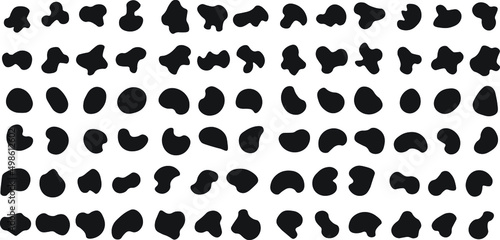 Set of random shapes. Set 1 of random abstract blotch shapes. Liquid shape elements. Black round blobs collection. Fluid dynamic forms. Rounded spot or speck of irregular form. 