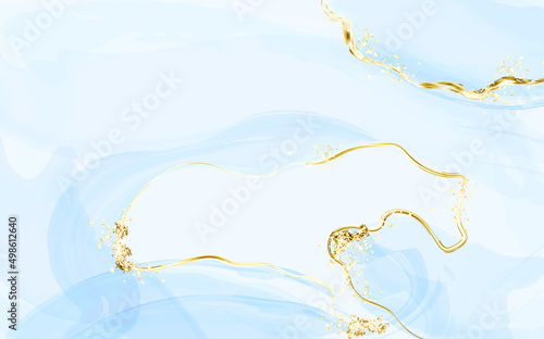 Blue watercolor background with splatters and spot .Marble surface. Indigo color texture and paint splash.Spring wedding invitation.