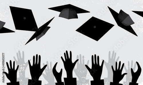 A crowd of graduates throwing caps in the air, in a grunge style
