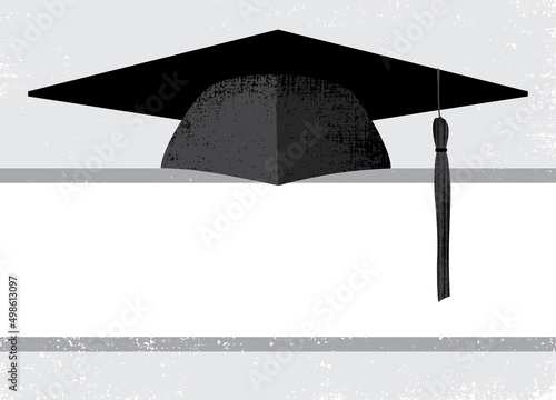 A graduation cap and copy space, in a cut paper style with textures
