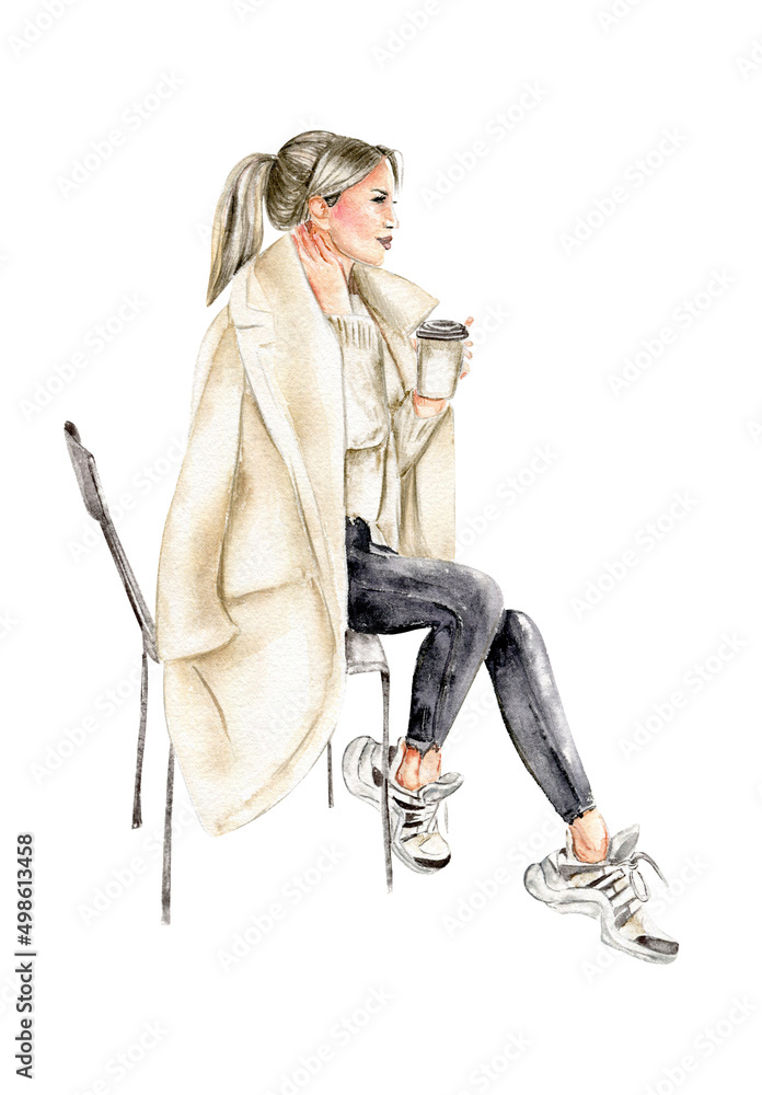 Fototapeta premium Watercolor fashion girls autumn style romantic girl with flowers coffee red hair dark skin