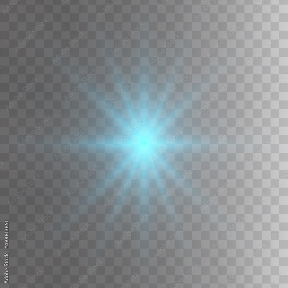 Blue glowing light star on a black background. Transparent shining sun, star explodes and bright flash. Blue bright illustration starburst. 