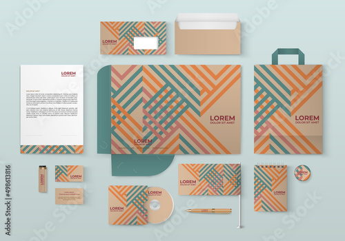Beige stationery template design with multicolored geometric pattern. Set of business corporate identity mock up. Documentation for business.