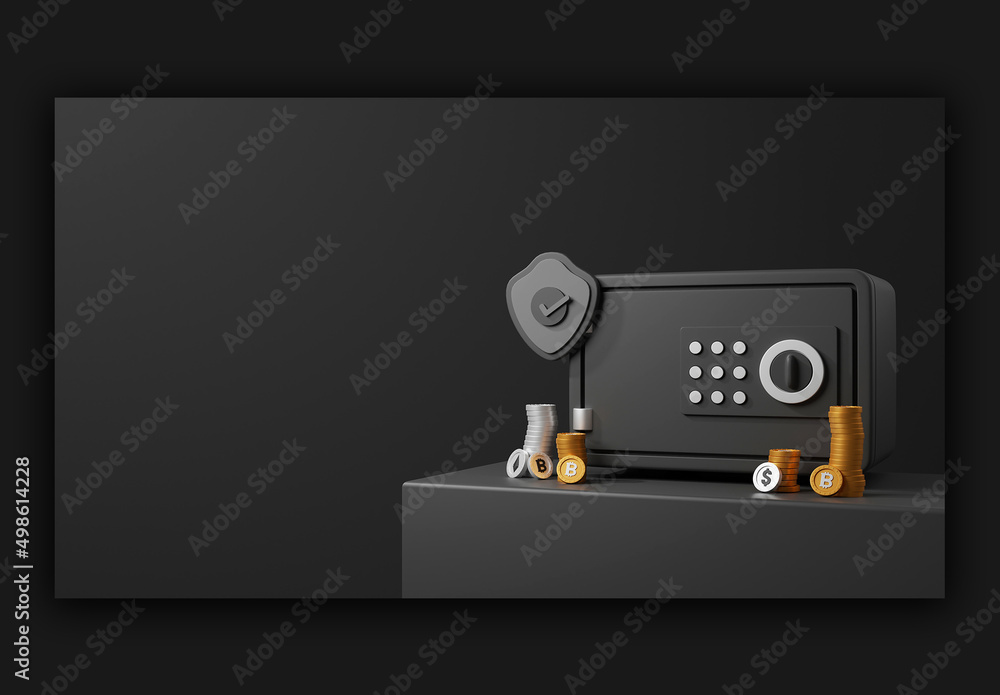 Render of a Locker and Virtual Golden Crypto Coins Bitcoin Ether and ...