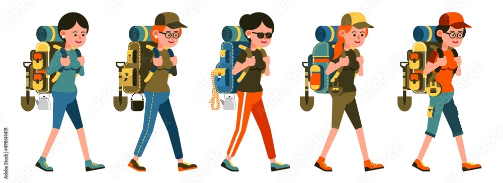 Girl traveler with backpack. Hiker woman walking with backpack. Cartoon female tourist set. Vector isolated image. Girl traveler with backpack. Hiker woman walking with backpack. Cartoon female tourist set. Vector isolated image.