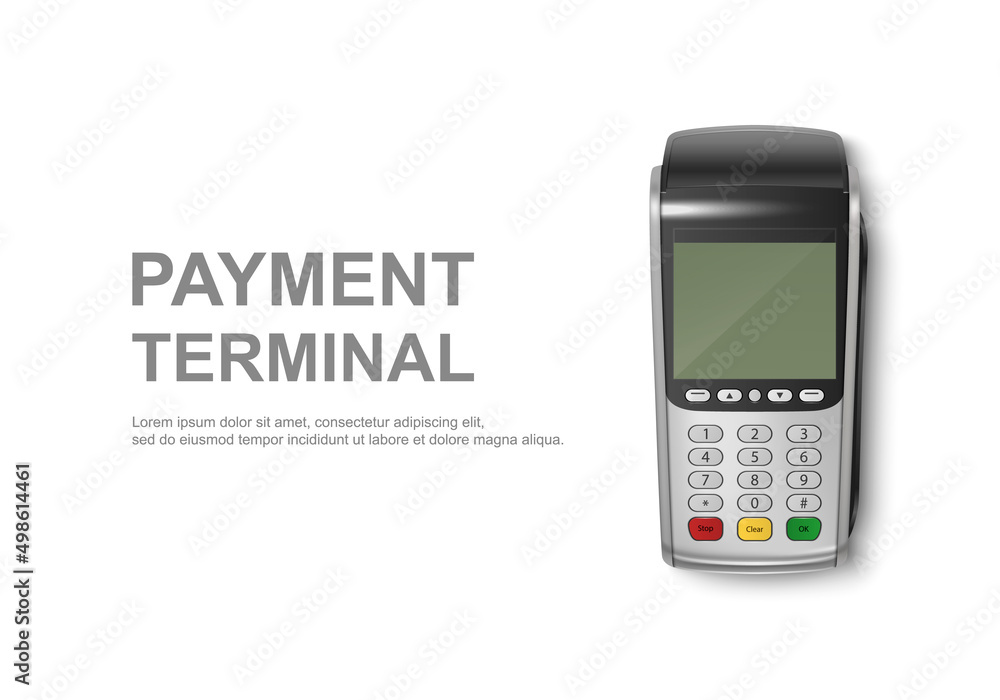 Vector Realistic Gray Silver 3d Payment Machine. POS Terminal Closeup Isolated on White Background. Design Template of Bank Payment Wireless Contactless Terminal, Mockup. Payments device. Top View Vector Realistic Gray Silver 3d Payment Machine. POS Terminal Closeup Isolated on White Background. Design Template of Bank Payment Wireless Contactless Terminal, Mockup. Payments device. Top View