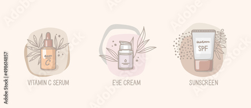 Vector illustrations in hand-drawn style. Cosmetics on abstract background, leaves, dots. Vitamin C serum, eye cream, sunscreen. Cosmetics for skin care, morning routine. Banner design, bundle, set