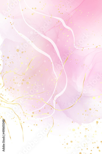 Rose pink liquid watercolor background with golden dots. Dusty blush marble alcohol ink drawing effect. Vector illustration design template for wedding invitation, menu, rsvp