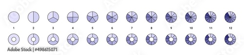 Pie charts set. Segment slice icons. Round wheel diagram with equal segments. Vector illustration with circular infographic isolated on white background