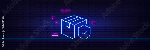 Neon light glow effect. Parcel insurance line icon. Risk coverage sign. Package delivery protection symbol. 3d line neon glow icon. Brick wall banner. Parcel insurance outline. Vector