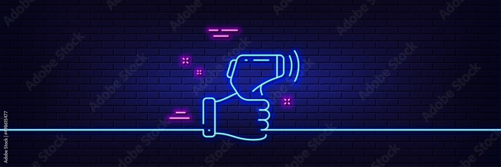 Neon light glow effect. Electronic thermometer line icon. Temperature scanner sign. Fever measuring symbol. 3d line neon glow icon. Brick wall banner. Electronic thermometer outline. Vector Neon light glow effect. Electronic thermometer line icon. Temperature scanner sign. Fever measuring symbol. 3d line neon glow icon. Brick wall banner. Electronic thermometer outline. Vector