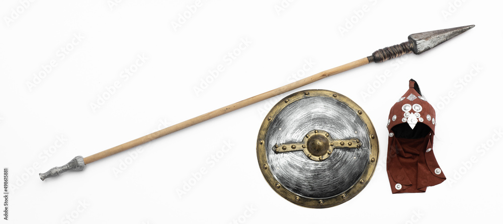 medieval spear and shield isolated on white background Stock Photo ...