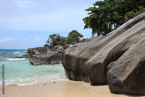 Granite rock near the beach in the Seychelles near the ocean