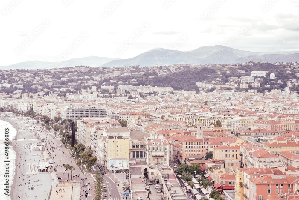Coastline of Nice, France from Castle Hill with Muted Pastel Colors