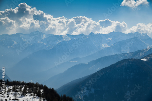 Beautiful sunny day at Pejo Ski Resort. Amazing top view to Val di Sole valley, Italy. Europe. © FashionStock
