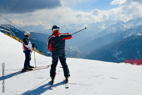 Skiing at Pejo Ski Resort in Val di Sole valley. Winter vacation in Italy, Europe.