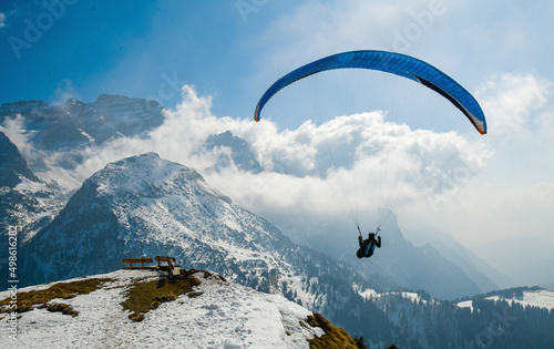 Paragliding flights at Pinzolo Ski Resort in Val Rendena in Trentino in the northern Italian Alps.