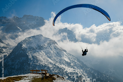 Paragliding flights at Pinzolo Ski Resort in Val Rendena in Trentino in the northern Italian Alps.